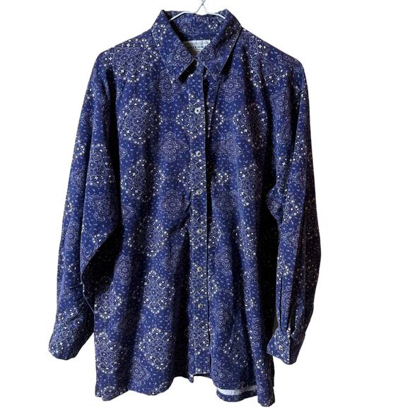 VTG Arizona Jean Co Women Corduroy Button Up Shirt L Navy Paisley Cottage Boho - Picture 1 of 7